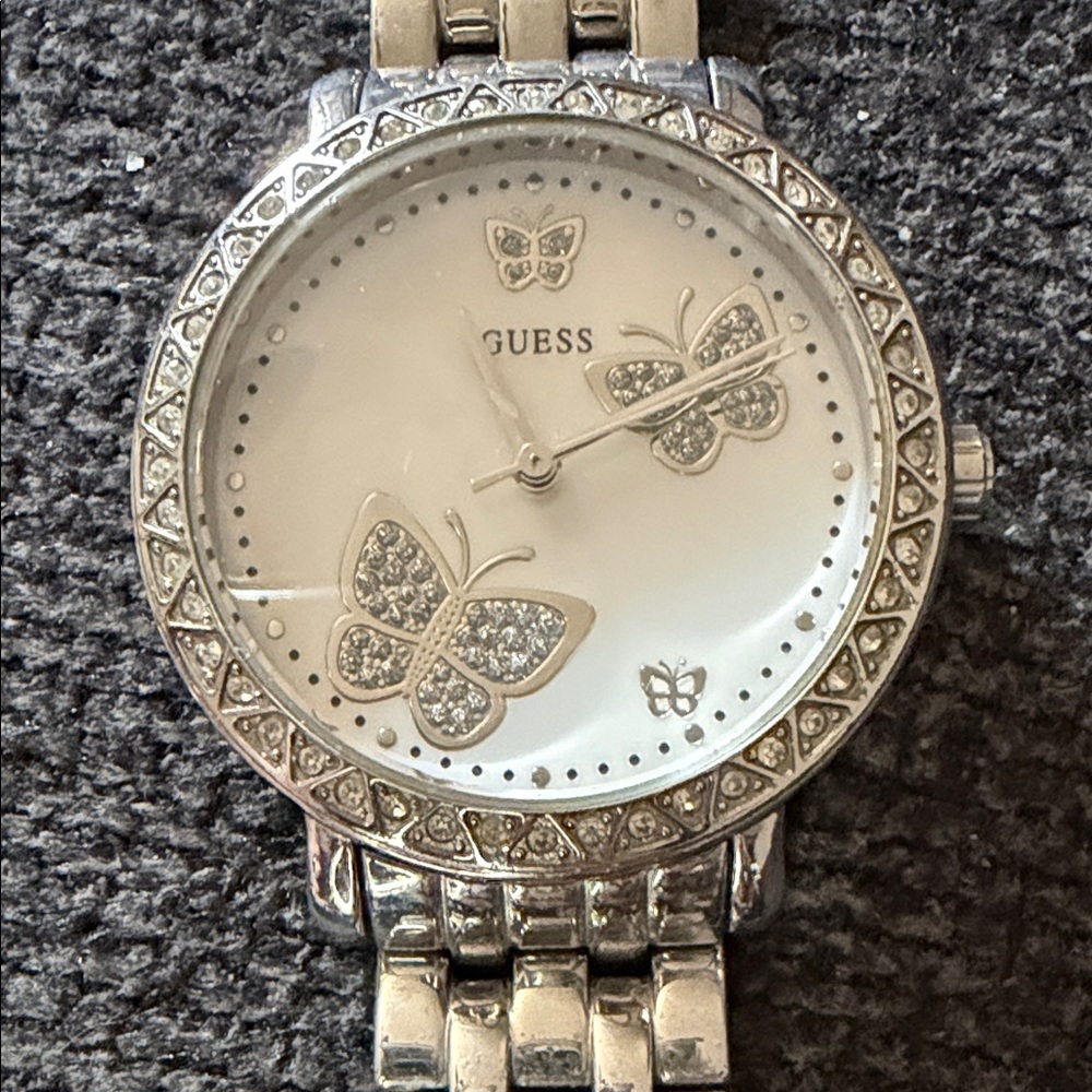 Guess Women's Silver Watch with Butterfly Accents
